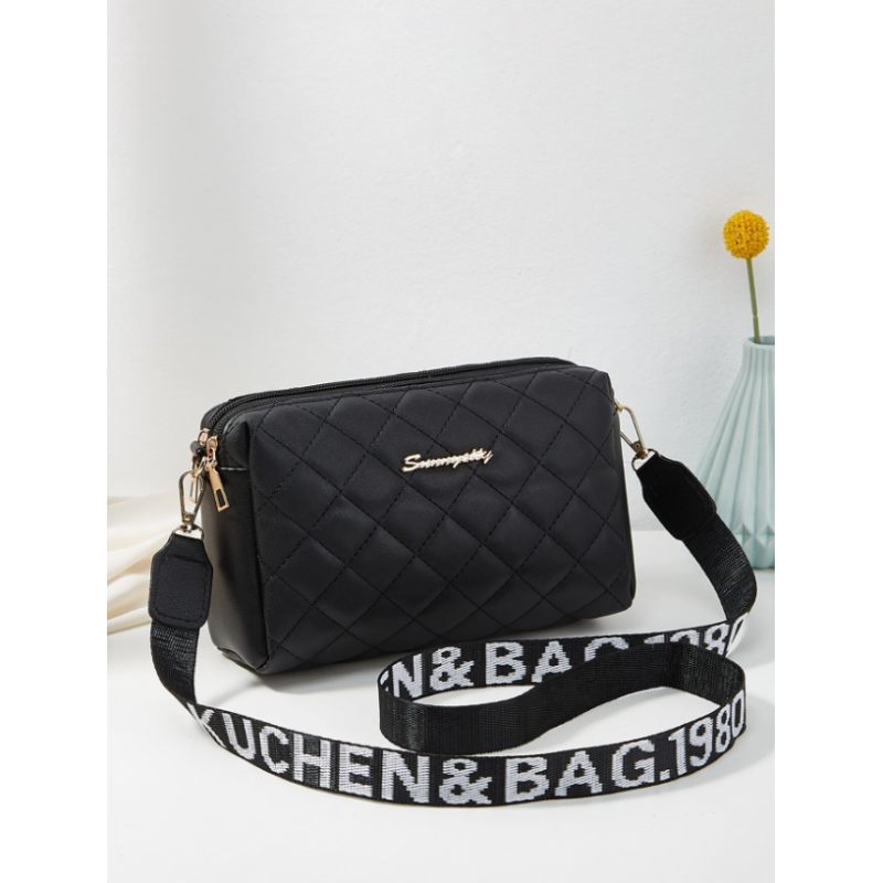 Geantă Crossbody de Umăr Neagră pentru Doamne, Poșetă Versatilă cu Cusături Negre