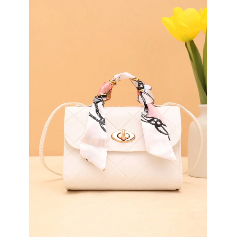 Geantă Pătrată Mică Decorată cu Fundă și Eșarfă de Mătase pentru Cumpărături Zilnice