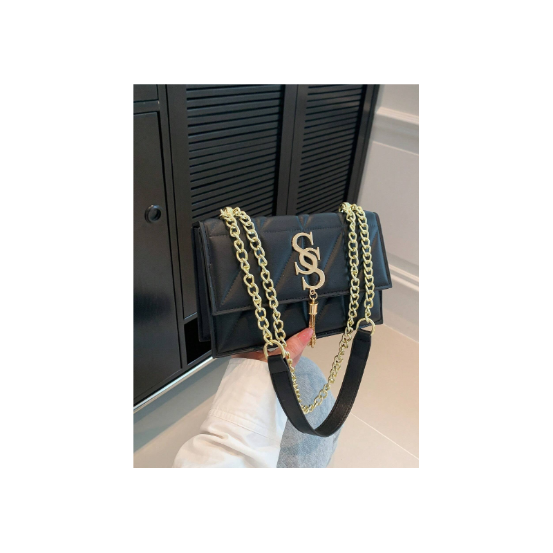 Geantă Pătrată Neagră pentru Femei cu Decorațiuni Metalice