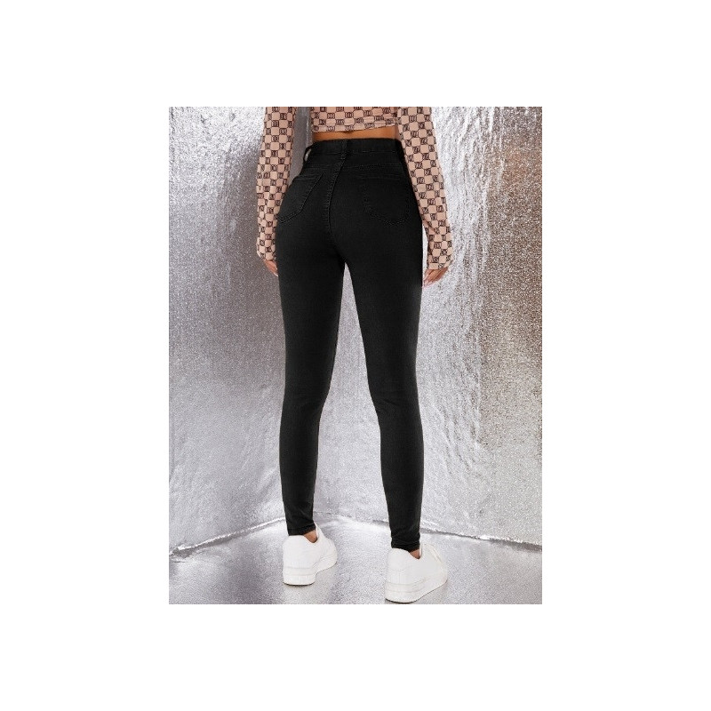 Blugi Negri Skinny cu Talie Înaltă și Fermoar pentru Femei