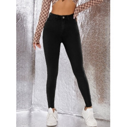 Blugi Negri Skinny cu Talie Înaltă și Fermoar pentru Femei