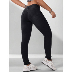 Blugi Slim Fit Negri din Denim cu Buzunare Oblice pentru Femei
