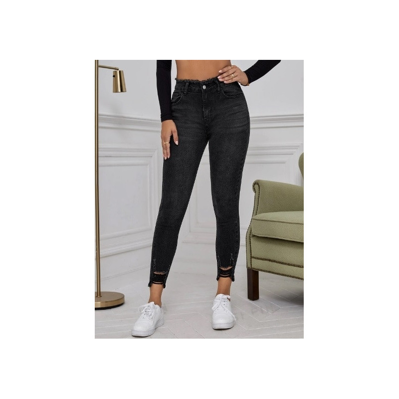 Blugi Skinny Negri cu Tăieturi Ripped și Tiv Brut pentru Femei