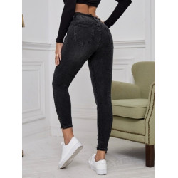 Blugi Skinny Negri cu Tăieturi Ripped și Tiv Brut pentru Femei