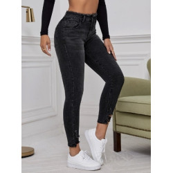 Blugi Skinny Negri cu Tăieturi Ripped și Tiv Brut pentru Femei