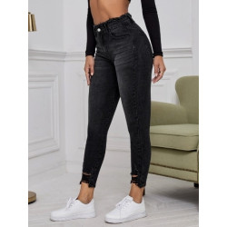 Blugi Skinny Negri cu Tăieturi Ripped și Tiv Brut pentru Femei