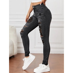 Blugi Skinny cu Tăieturi, Tiv Desfăcut și Buzunare Oblice pentru Femei