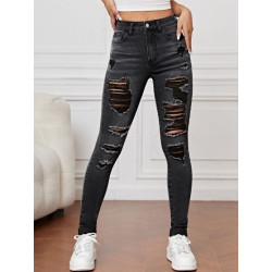 Blugi Skinny cu Tăieturi, Tiv Desfăcut și Buzunare Oblice pentru Femei