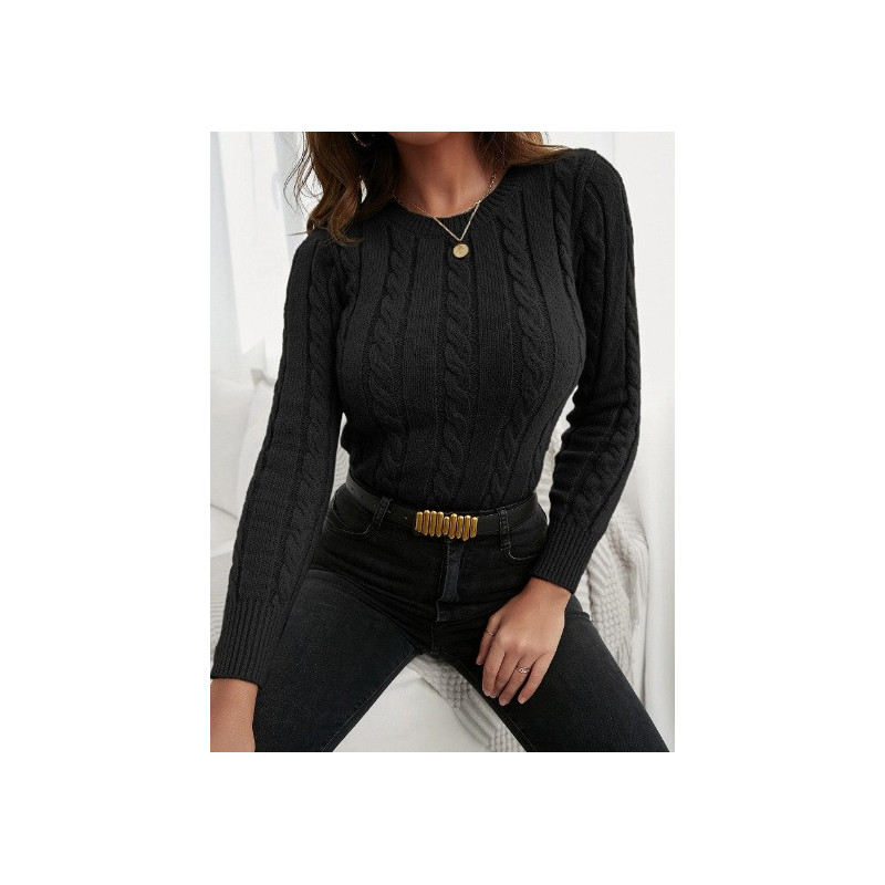 Pulover Negru pentru Femei, Tricotat cu Model Torsade