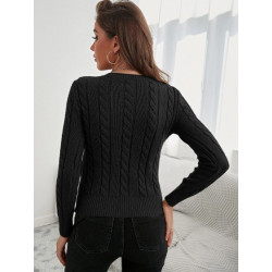 Pulover Negru pentru Femei, Tricotat cu Model Torsade