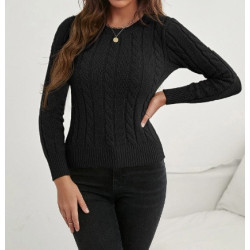 Pulover Negru pentru Femei, Tricotat cu Model Torsade