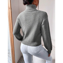 Pulover Gri cu Guler Înalt și Model Torsade pentru Femei