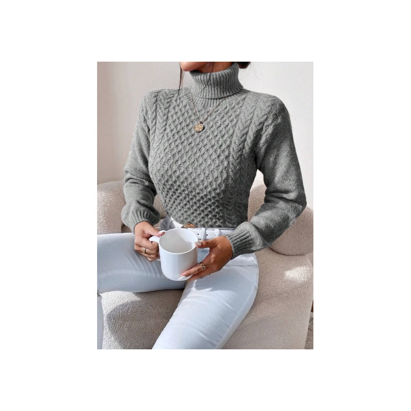 Pulover Gri cu Guler Înalt și Model Torsade pentru Femei