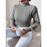 Pulover Gri cu Guler Înalt și Model Torsade pentru Femei
