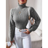 Pulover Gri cu Guler Înalt și Model Torsade pentru Femei