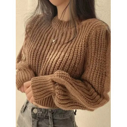 Pulover Casual Maro cu Mâneci Lungi și Decolteu Rotund pentru Femei