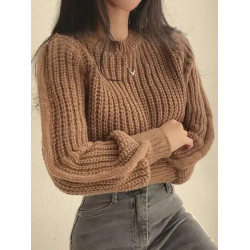 Pulover Casual Maro cu Mâneci Lungi și Decolteu Rotund pentru Femei