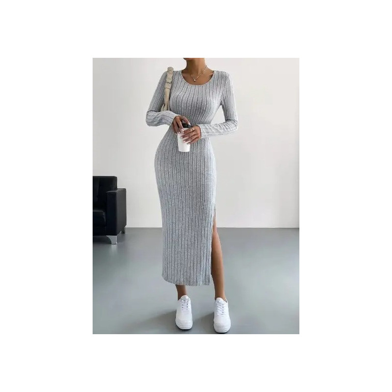 Rochie Bodycon Gri cu Deschidere pe Coapsă