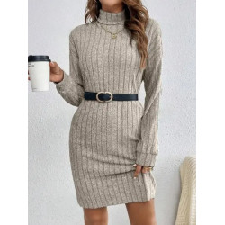 Rochie cu Guler Înalt și Mânecă Lungă din Material Texturat