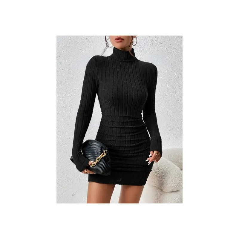 Rochie Bodycon Neagră cu Guler Înalt și Detalii Fronsate
