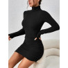 Rochie Bodycon Neagră cu Guler Înalt și Detalii Fronsate