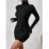 Rochie Bodycon Neagră cu Guler Înalt și Detalii Fronsate
