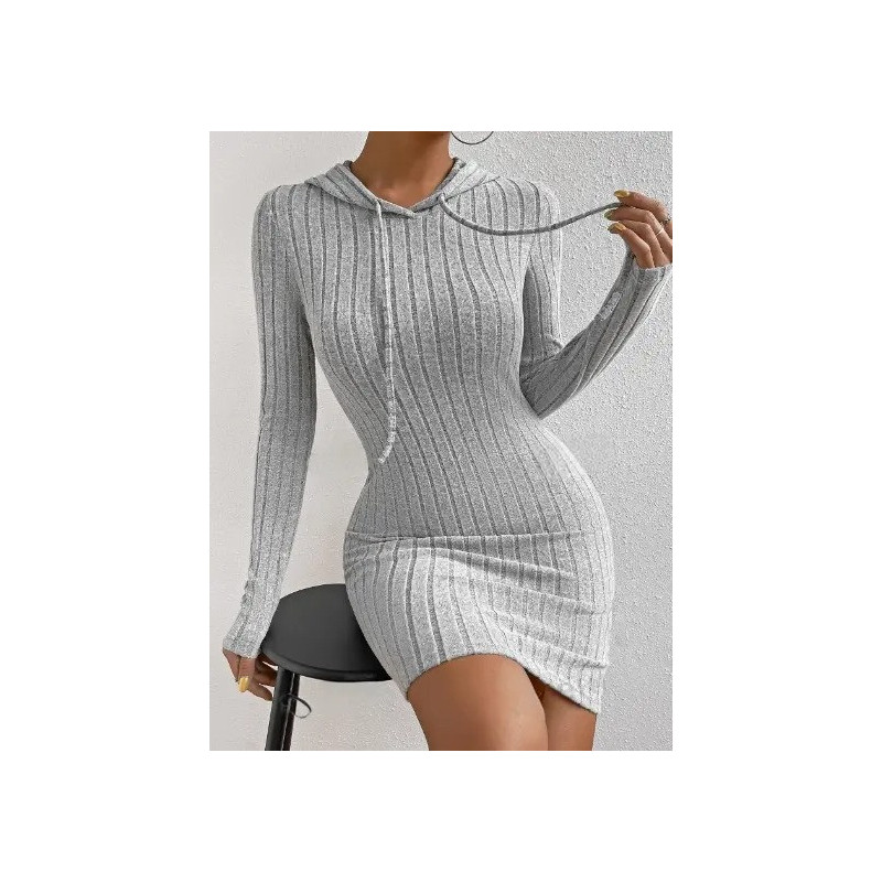 Rochie Bodycon Gri Deschis din Tricot Ribbed cu Glugă și Șnur