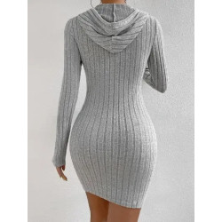 Rochie Bodycon Gri Deschis din Tricot Ribbed cu Glugă și Șnur