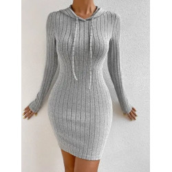 Rochie Bodycon Gri Deschis din Tricot Ribbed cu Glugă și Șnur