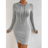 Rochie Bodycon Gri Deschis din Tricot Ribbed cu Glugă și Șnur