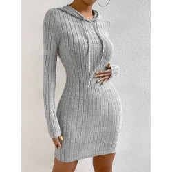 Rochie Bodycon Gri Deschis din Tricot Ribbed cu Glugă și Șnur