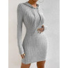 Rochie Bodycon Gri Deschis din Tricot Ribbed cu Glugă și Șnur