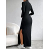 Rochie Neagră cu Guler Mock și Deschidere pe Coapsă