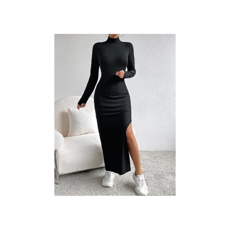 Rochie Neagră cu Guler Mock și Deschidere pe Coapsă