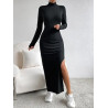 Rochie Neagră cu Guler Mock și Deschidere pe Coapsă
