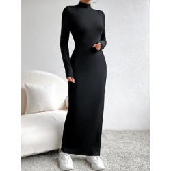 Rochie Neagră cu Guler Mock și Deschidere pe Coapsă