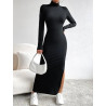 Rochie Neagră cu Guler Mock și Deschidere pe Coapsă