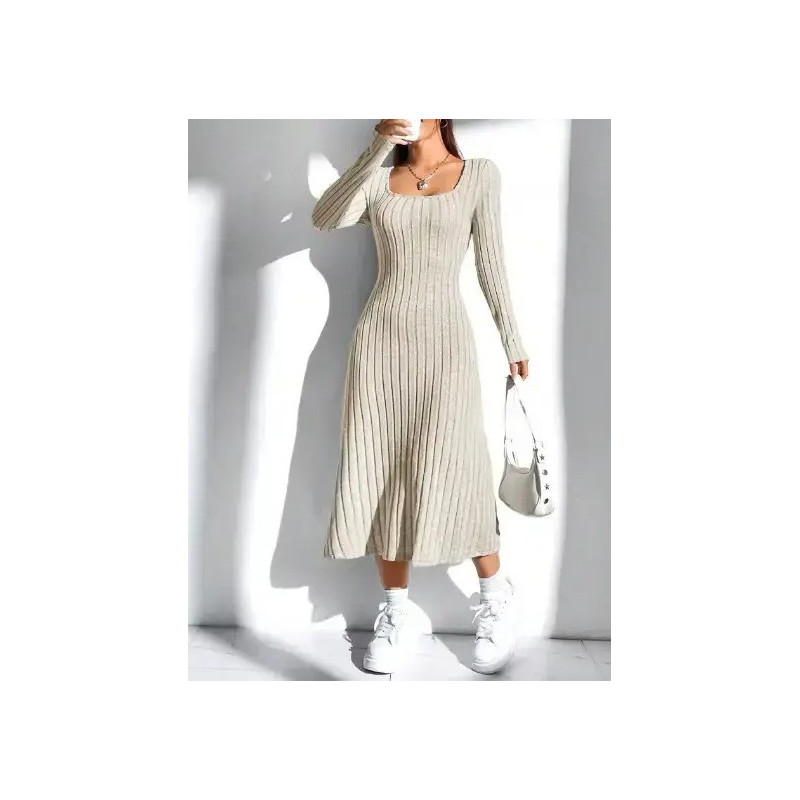 Rochie Ribbed cu Decolteu Pătrat și Mâneci Lungi