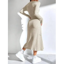 Rochie Ribbed cu Decolteu Pătrat și Mâneci Lungi