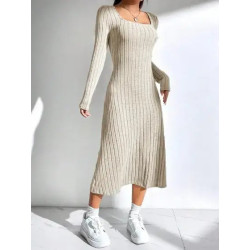 Rochie Ribbed cu Decolteu Pătrat și Mâneci Lungi