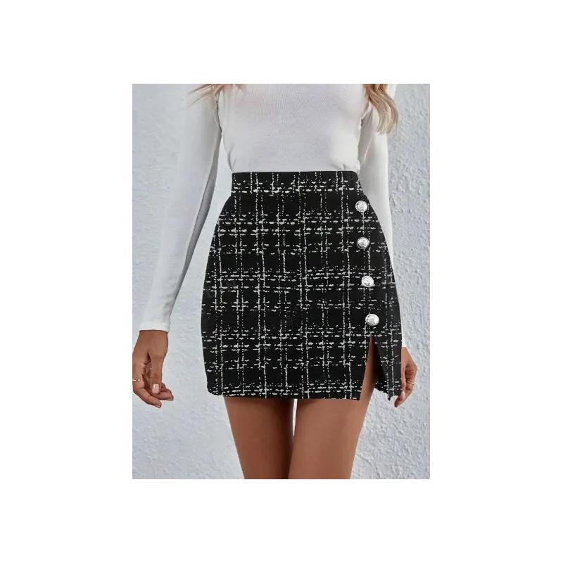Fustă Mini Bodycon cu Talie Înaltă, Imprimeu Carouri Alb-Negru