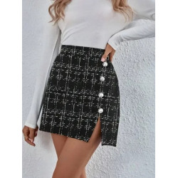 Fustă Mini Bodycon cu Talie Înaltă, Imprimeu Carouri Alb-Negru