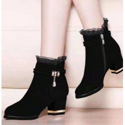 Botine Negre Din Piele Întoarsă Pentru Femei, Cu Toc Gros Și Dantelă Sexy