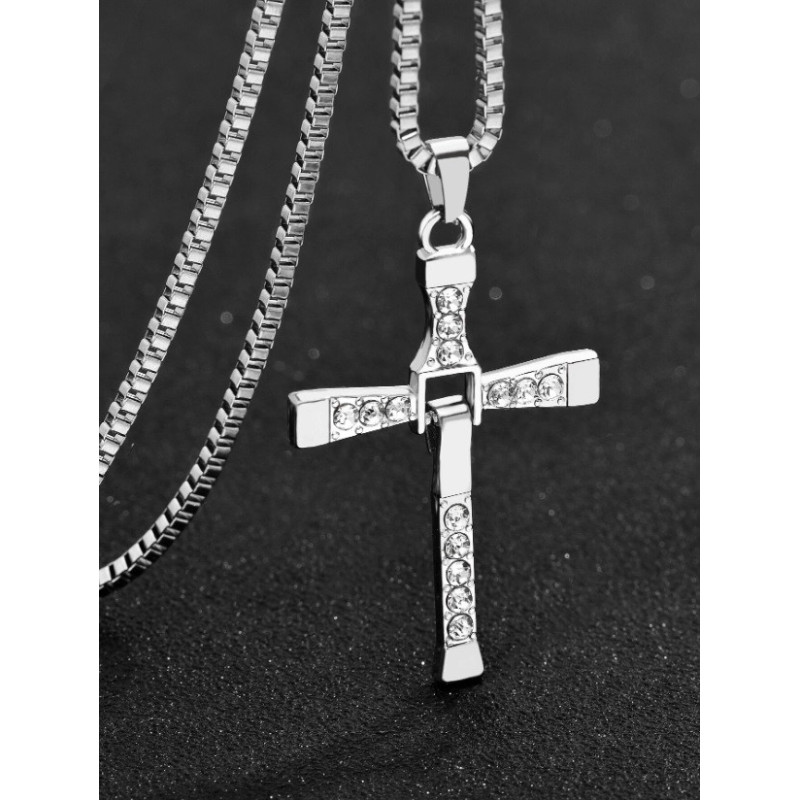 Colier Pentru Bărbați Cu Pandantiv Cruce Încrustat Cu Pietre, Modern Și Elegant