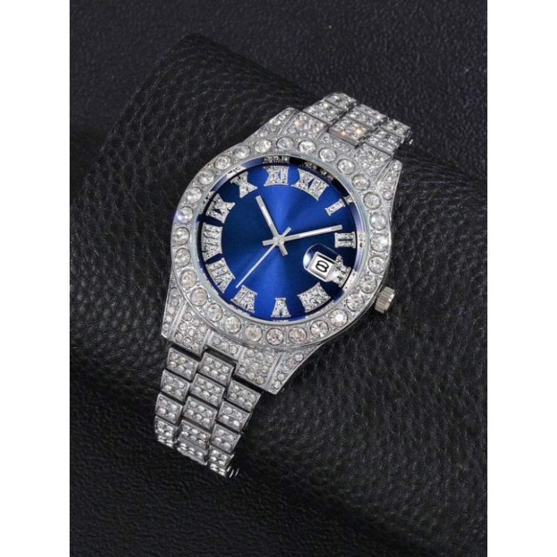 Ceas bărbătesc quartz cu afișaj dată și decor cu pietricele strălucitoare