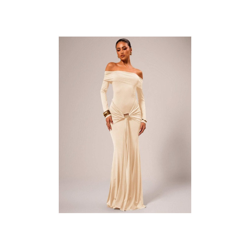 Rochie Maxi cu Mâneci Lungi și Umăr Căzut – Eleganță și Feminitate