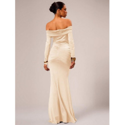 Rochie Maxi cu Mâneci Lungi și Umăr Căzut – Eleganță și Feminitate
