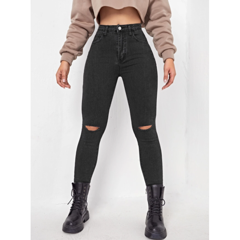 Blugi Skinny cu Talie Înaltă și Detalii Rupte Cottnline pentru Femei