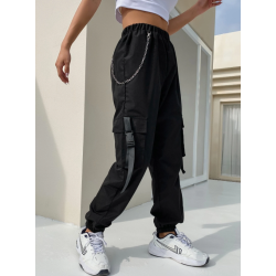Pantaloni Cargo Negri cu Lanț