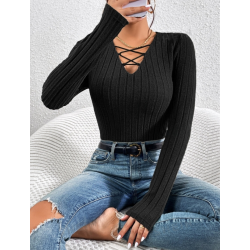Bluza Tricotată Essnce cu Închidere cu Șireturi în Față și Dantelă - Eleganță și Rafinament